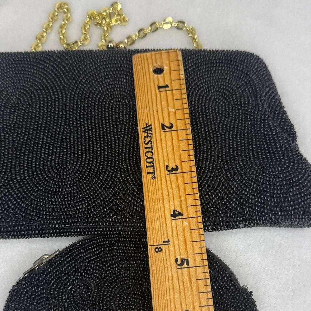 Vintage Black Beaded Kisslock Clutch Handbag and Coin Purse Set Made in Japan
